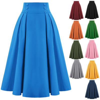 China Summer Breathable Ladies Dangle Buttons Decorated Elegant Pleated Skirt High Elastic Waist Retro Skirts for sale