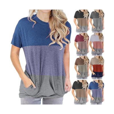 China Anti-pilling fashion color block around loose T-shirt women's casual cheap short sleeve batting neck T-shirt for sale