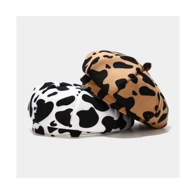 China Fashion Autumn And Winter Multicolor Cow Print Design Beret Leopard Wool Striped Beret Hat For Ladies for sale