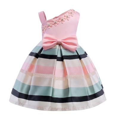 China Viable Wholesale Kids Pearl Flower One-Shouldered High Quality Dress Summer Girls Dresses With Horizontal Stripes for sale