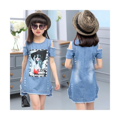 China Summer boutique short sleeve design kids denim viable strapless dress girls custom casual outfits for sale