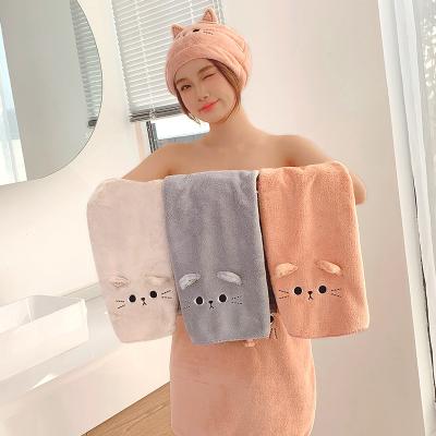 China Viable Cartoon Cat New Arrival Facial Towels 70*140cm Coral Fleece Face Towel Hair Absorbent Drying Towels for sale