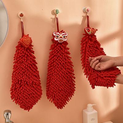 China Good Luck Chenille QUICK DRY Red Hand Towel For New Year Bathroom Kitchen Absorbent Hand Towel With Loop for sale