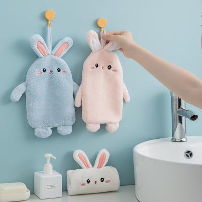 China Viable New Product Hanging Hand Towel For Kids Cute Cartoon Rabbit Microfiber Absorbent Hand Towels With Loop for sale