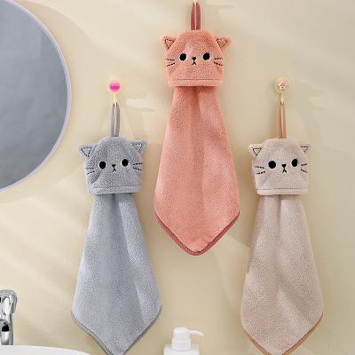 China Viable Cute Cartoon Cat Kitchen Wash Towel With Rope Factory Bathroom Wholesale Absorbent Hand Towels With Loop for sale