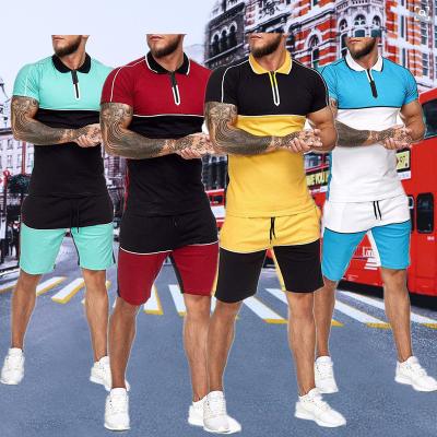 China Wholesale Custom Short Sweatsuit Breathable Set Mens Summer Short Sleeve Patchwork Joggers Tracksuit Suits Sport Two Piece Set for sale