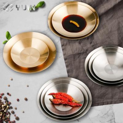 China Sustainable hot sale candy sushi kimchi round small serving plate sus304 stainless steel dish seasoning saucer for sale