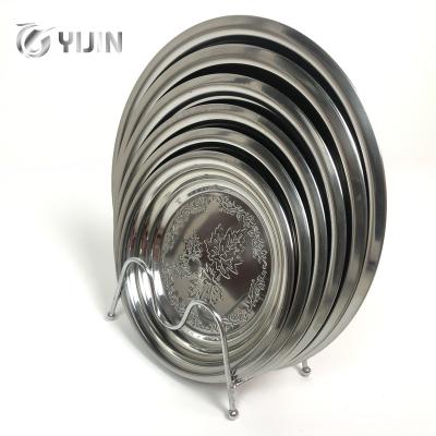 China Factory Sale Sustainable Round Tableware Metal Stainless Steel Serving Tray With Maple Leaf Pattern for sale