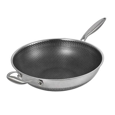 China Good quality 34cm durable non-stick frying pan honeycomb sus304 stainless steel double wok with handle for sale