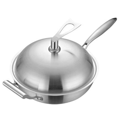 China Sustainable Triple Steel Non-Stick Emboss Stainless Steel Wok Pan Uncoated Chinese for sale