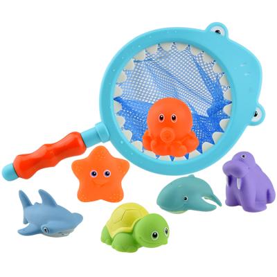 China Bath Toy Rubber Squirting Water Sea Dolphin Shark Octopus Starfish Baby Bath Animal Temperature Fishing Toys for sale