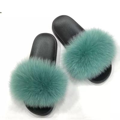 China Wholesale Fashion Trend PVC Raccoon Fur Slippers Fluffy Fur Flat Natural Sandals and Fox Fur for Women for sale