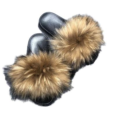 China Fashion Trend Real Raccoon Multi Color Sandals Raccoon Fur Slipper Fox Fur Slides Warm Custom Puffy Soft Outdoor Slider Slipper Wholesale for sale