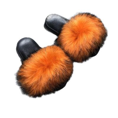 China Fashion Trend Real Raccoon Fur Slippers Real Raccoon Fox Furry Chunky Fur Slides Summer Wholesale Natural Fluffy Fur Slipper For Women Slip for sale