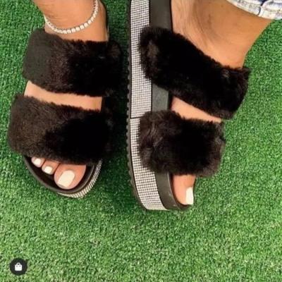 China Wholesale Fashion Trend Platform Fur Slide Chunky Slippers For Women With Bling Thick Bottom Shoes Female Elegant Slippers for sale