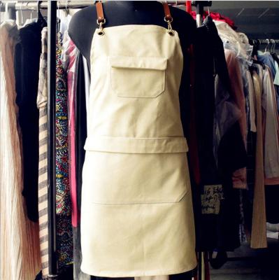 China Adjustable Waist Logo Aprons Beauty Shop Bartender Leather Cream Canvas Customized Apron for sale