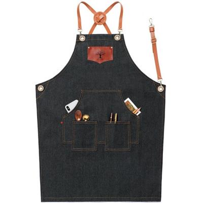 China Cross-Return Design Denim Fast Delivery Kitchen Waiter Commercial Denim Apron Unisex Adjustable Barber Shop BBQ Kitchen Cafe Apron With Pockets for sale