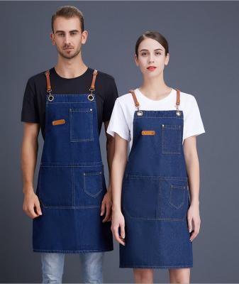 China Wholesale Cheap Adjustable Waist Denim Apron Custom Logo Printing Fashion Kitchen Apron for sale