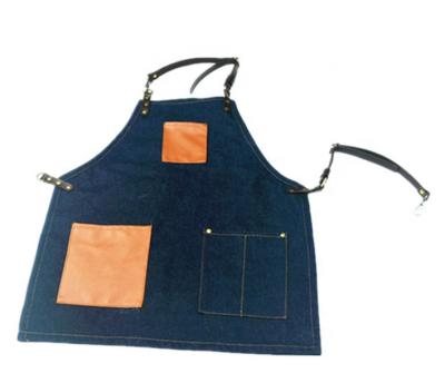 China Cafe Restaurant Logo Durable Leather Denim Apron Custom Strap Work Apron for sale