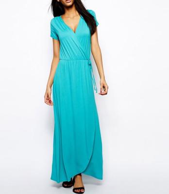 China Anti-Static Wrap Front Blue Clothing Maxi Sets Women Summer Cotton Maxi Dress for sale