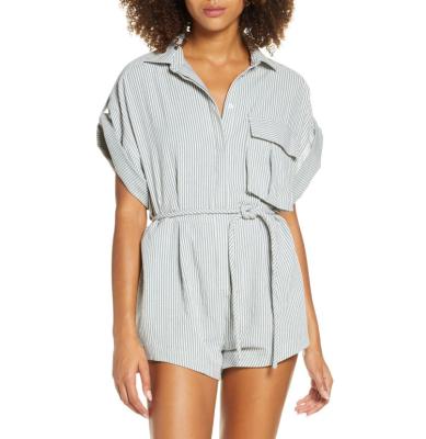 China Anti-Wrinkle Spread Collar Short Sleeve Pin Striped Belted Romper Women for sale