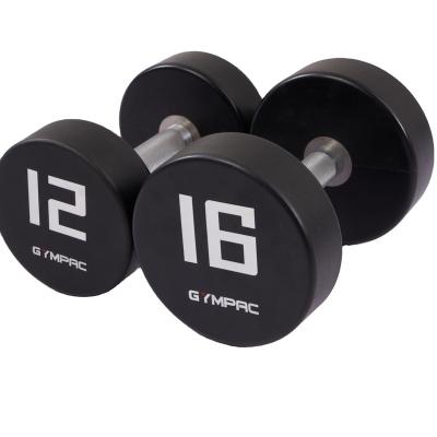 China Luxury Commercial GYM PU Dumbbell OEM Durable Round PU Dumbbells Premium Stainless Handle Weights Gym Black Urethane Dumbbell for sale