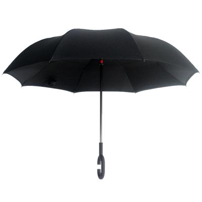 China Contemporary Reverse C Handle Double Layer Custom LOGO Umbrella Hands-free Straight Advertising Car Umbrella for sale