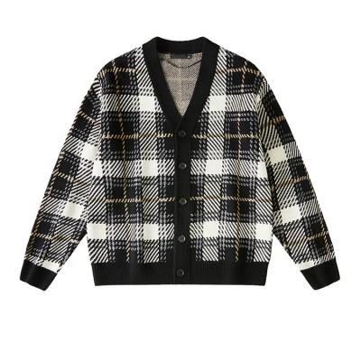 China New Design Qingzhihuo Anti-wrinkle Stylish Pattern Winter Plaid Sweater Coat Customized Loose V-Neck Sweater Color-Blend Men's Sweaters for sale