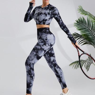 China Breathable OEM Hot Selling New Tie Dye Long Sleeve High Waist Yoga Sets Trendy Breathable Quick Drying Gym Fitness Clothing Sets For Women for sale