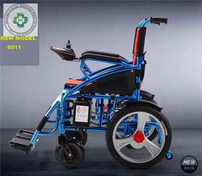 China Lightweight high strength aluminum alloy transport wheelchair with hand brakes, folding transport chair for adults has 16 inch blue wheels for sale