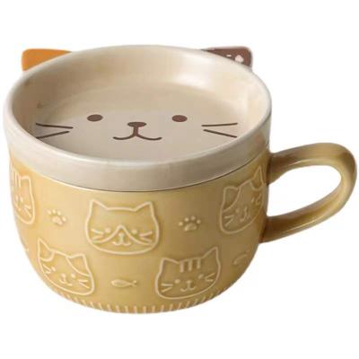 China Viable Novelty Creative Cute Cat Animal Milk Mug Ceramic Coffee Porcelain Tea Cup With Lid Nice Gifts Children's Day Gift for sale