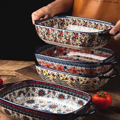 China Viable Hot Selling Poland Pan Non Stick Baking Dish Square Ceramic Baking Pan Ceramic Baking Tray With Colorful Handle for sale