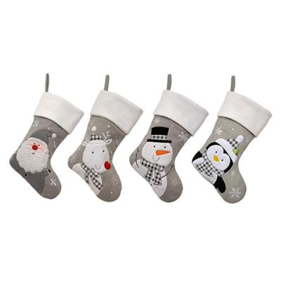 China Cute Gray Christmas Stocking Santa Snowman Reindeer Penguin Polyester Plush Plaid Patterns for sale