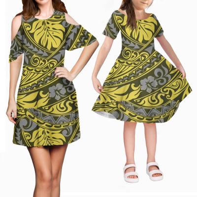 China 2021 Plus Size New Arrivals Women Girls Dress Traditional Shooting Sleeves Style Polynesian Pattern Dresses Yellow Green 3D Prints Family Set for sale