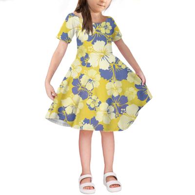 China Yellow and purple evening knee length washable dresses Hawaii style hibiscus kids dress kids clothes girls kids wear wholesale for sale