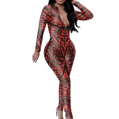 China Wholesale Good Quality Custom Women's Jumpsuits Breathable Women's Jumpsuits LOGO Plus Size Jumpsuits Fall Polynesian Printing V-Neck Zipper Design for sale