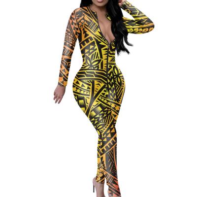 China Breathable Customize V-Neck One Piece Jumpsuit Zipper Design Polynesian Print Wholesale Plus Size Jumpsuits Long Sleeve Jumpsuit For Women for sale