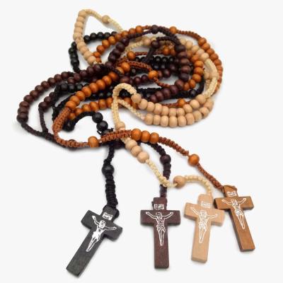 China Religious Catholic Rosary Necklace Wood Beads Handmade Cross Necklace for sale