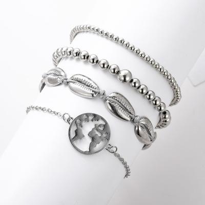 China 4 PCS Bracelet Women Metal Fashion Silver Bead Fashion Shell Bracelet Sets For Women for sale