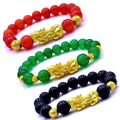 China Popular Agate Transfer Beads 3D Gold Plated Lucky Pixiu Bracelet Bangle As Couples Wealth Jewelry Bracelet for sale