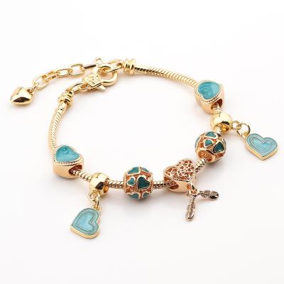 China CLASSIC Gold Tone European Drip Oil Heart Charm Beads Adjustable Snake Chain Bracelet Pendant Bangle for sale