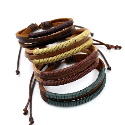 China Wholesale CLASSIC Multilayer Braided Wrap Cuff Adjustable Genuine Leather Bracelets For Men for sale