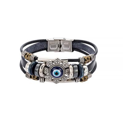 China FASHIONABLE Turkish Blue Eye Charms Stainless Steel Genuine Leather Bracelet for sale