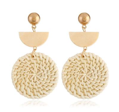 China FASHIONABLE Bohemian Drop Straw Woven Vine Rattan Knit Handmade Wooden Earrings For Women Geometric Long Earring for sale