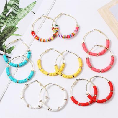 China Boho CLASSIC Colorful Rainbow Polymer Clay Beaded Hoop Earrings Summer Soft Surfer Jewelry For Women Girls for sale