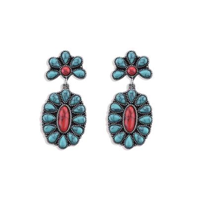 China Vintage CLASSIC Turquoise Western Metal Flowers Drop Dangle Earrings For Women Girls for sale