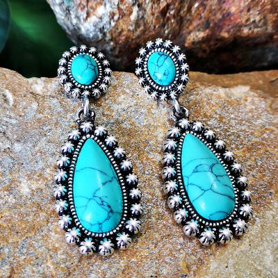 China BOHEMIA Turquoise 925 Sterling Silver Vintage Oval Rectangle Dangle Earrings For Women for sale