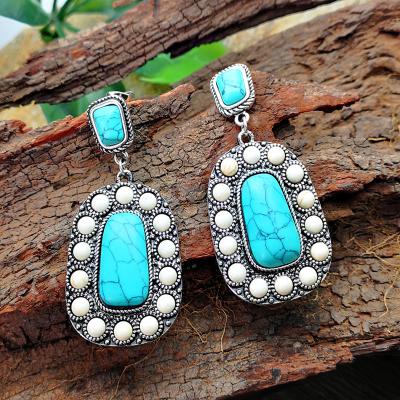 China Vintage CLASSIC National Rectangle Style Big Western Turquoise Dangle Earrings For Women Girls for sale