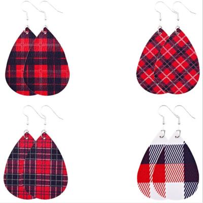 China Christmas TRENDY Plaid Leather Earrings For Women Handmade Light Teardrop Dangle Faux Leather Statement Earrings For Girls for sale