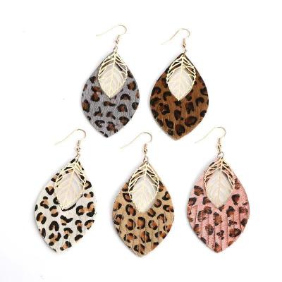 China Trendy Trendy Leopard Leather Earrings For Women Metal Hollow Leaf Dangle Earrings for sale